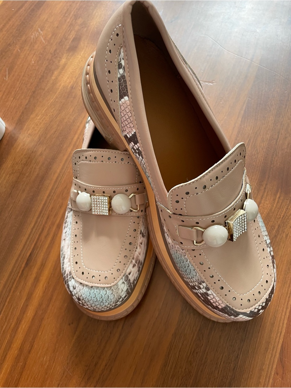 Plus Size Women’s Casual Loafer Shoes Rhinestone Pink Snakeskin Size 41